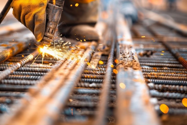 A worker welds rebar for a building project